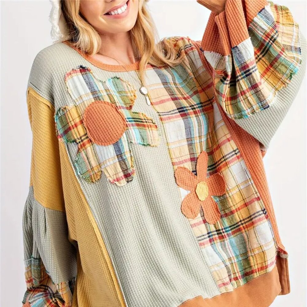 Patchwork Floral Waffle-Knit Scoop Sweater - Sage & Rust